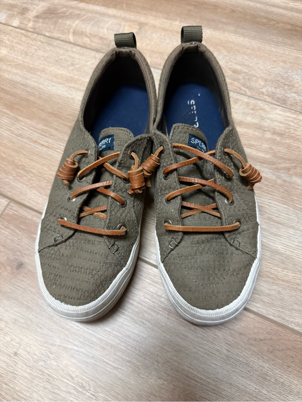 Women’s Sperry Platform Olive Slip On Boat Shoes With Tan Leather Laces